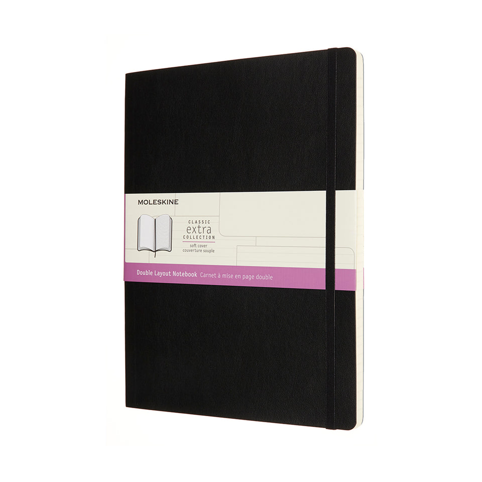 Libreta Clásica Extra Grande Negra con doble diseño de página hojas blancas y hojas rayadas intercaladas de pasta suave.