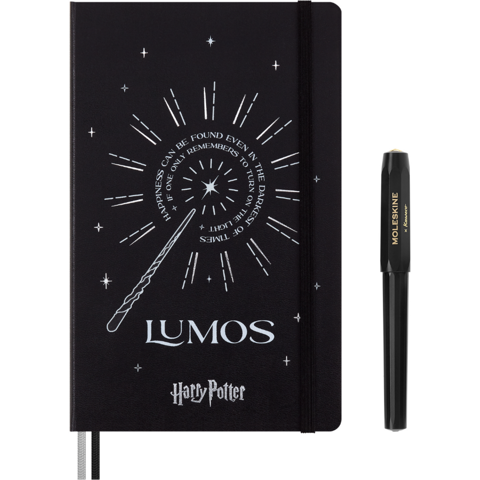 Gift Box Harry Potter con Libreta Grande hechizo Lumos Hoja Rayada Pasta Dura y Pluma Roller Kaweco