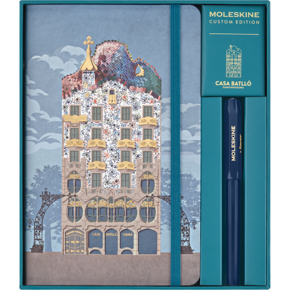 Set Casa Batlló con Libreta Grande Hoja Rayada Pasta Dura y Pluma Kaweco Azul